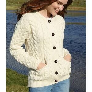 Aran Irish Cream Cardigan Sweater Buttons Pockets 100% Merino Wool Lumber Jacket